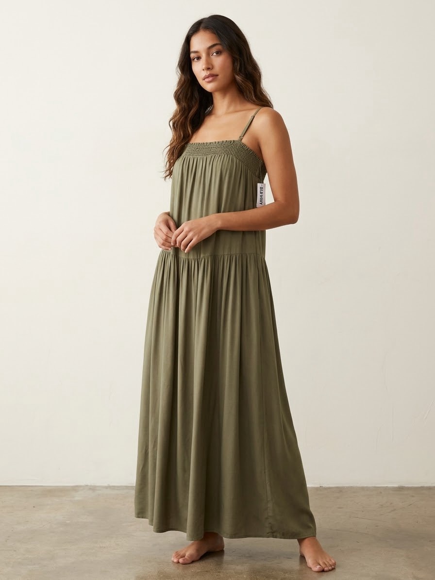 Old Navy Olive Green Smocked Tiered Maxi With Spaghetti Straps